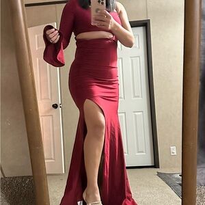 Red One-Shoulder Cutout Maxi Dress with Thigh Slit
